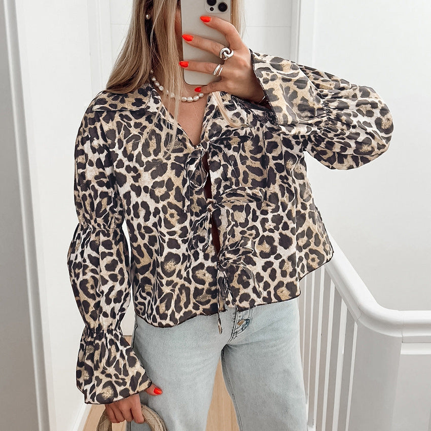 Damen Modische Bluse mit Leopardenmuster und Rüschenärmeln R&B