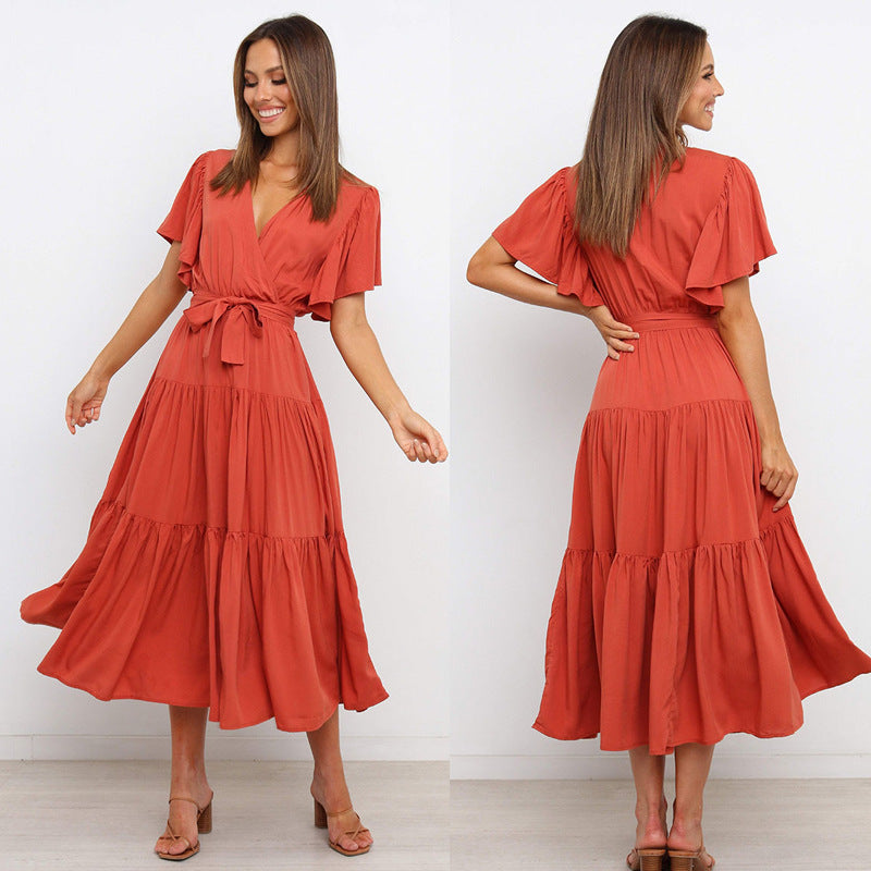 Damen Maxikleid mit tiefem V-Ausschnitt und schwingenden Ärmeln R&B