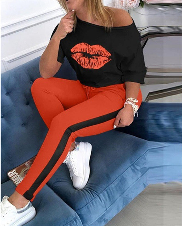 Damen stylisches T-Shirt mit Lippenmotiv R&B