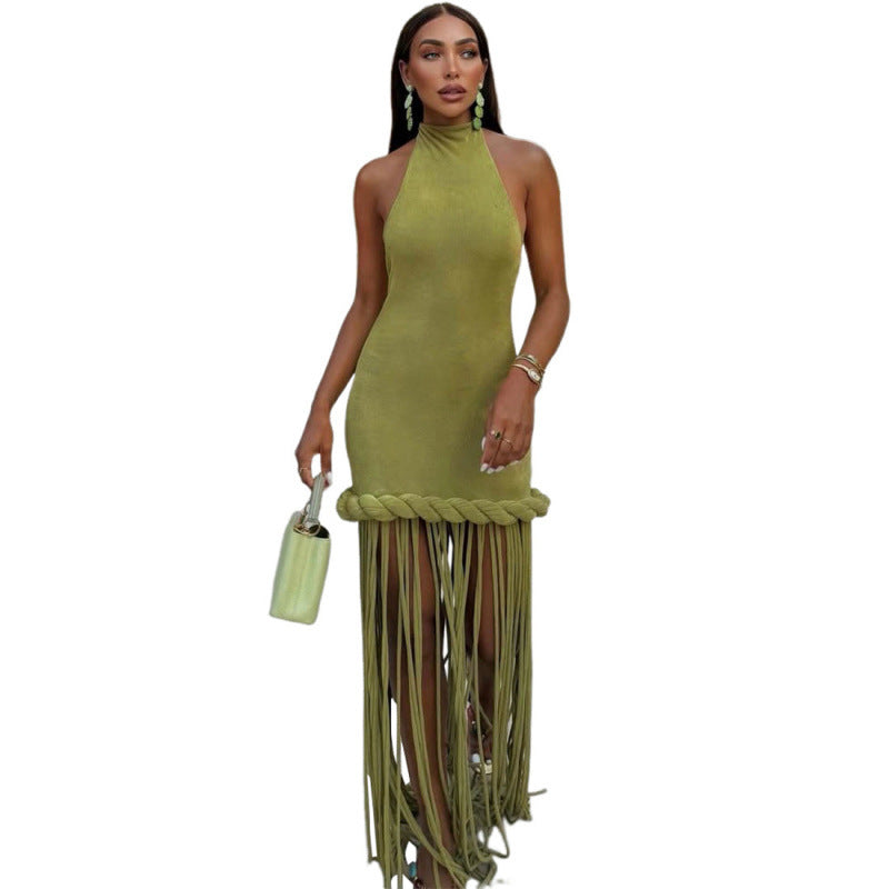 Damen Freizeitkleid mit Bambus-Borten und schimmerndem Stoff R&B