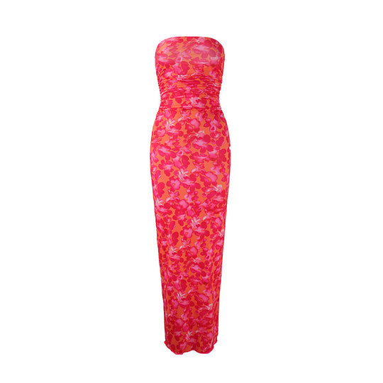 Damen elegantes, trägerloses Maxikleid mit raffiniertem Mustermix R&B