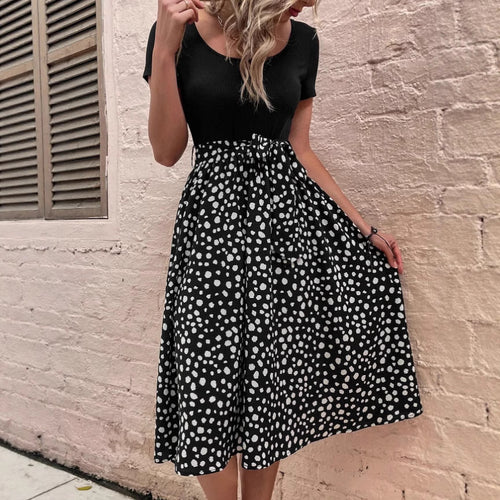 Damen Polka-Dots Kleid mit weitem Rock und Taillengürtel R&B