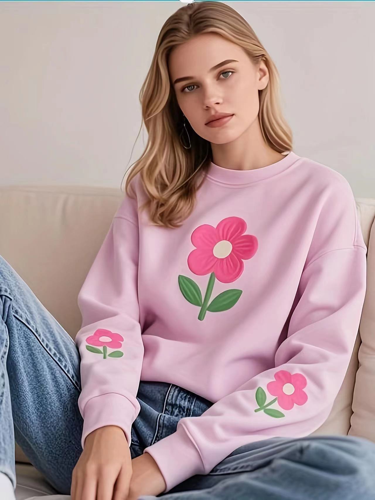 Damen Sweatshirt mit farbenfrohem Blumenmotiv R&B