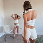 Damen Sportliches Badeanzug-Set mit raffinierten Rüschen und halben Ärmeln R&B