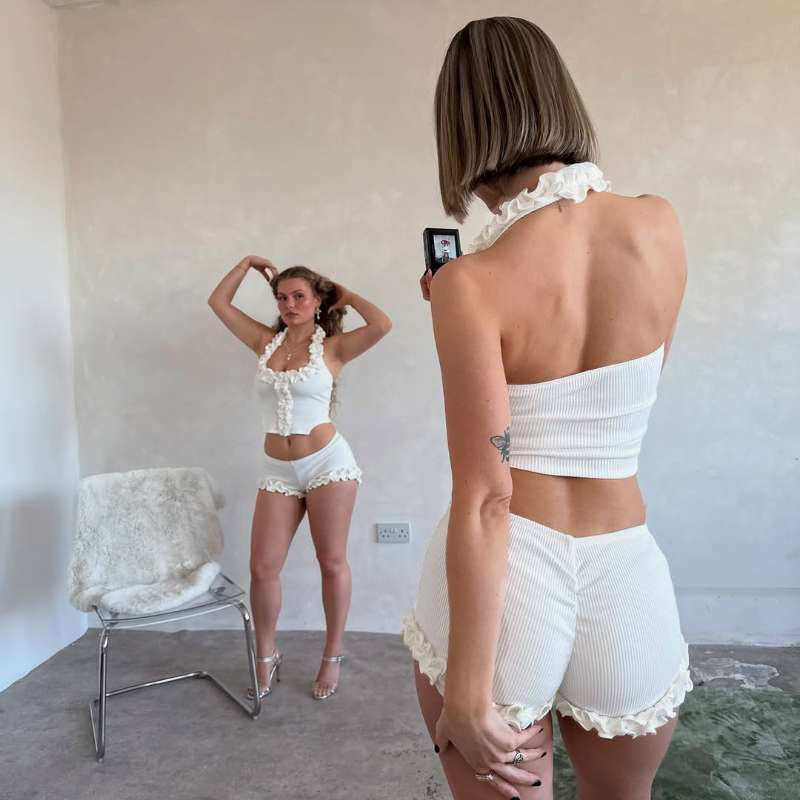 Damen Sportliches Badeanzug-Set mit raffinierten Rüschen und halben Ärmeln R&B