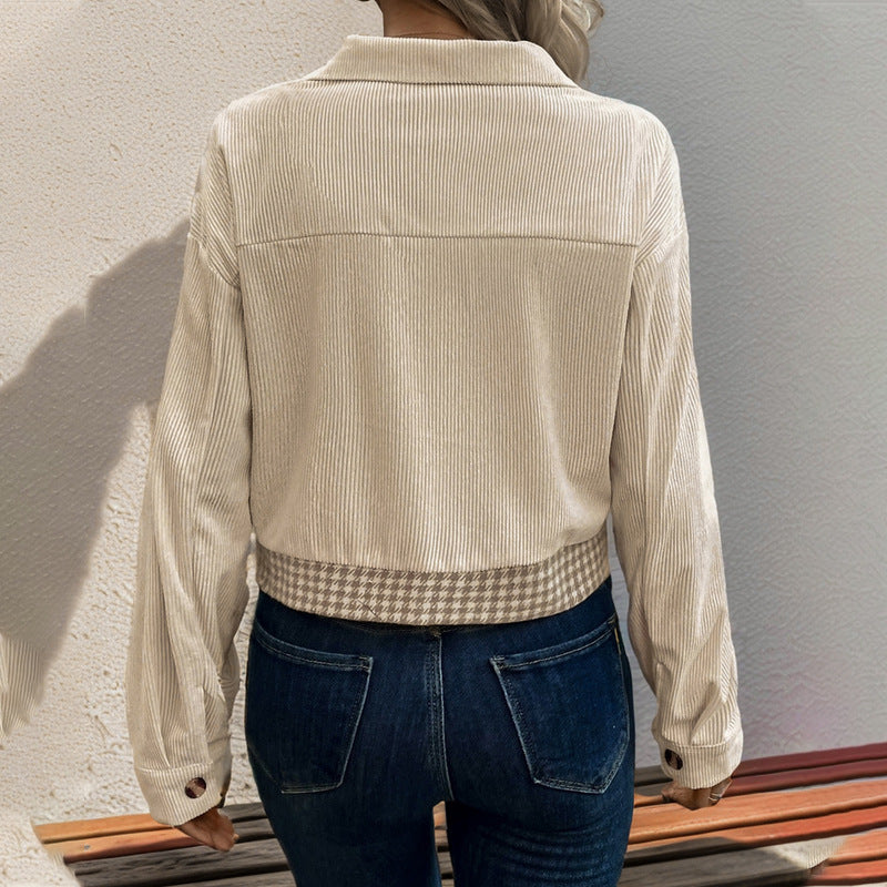 Damen Cordjacke mit modernem Hahnentritt-Design und praktischen Taschen