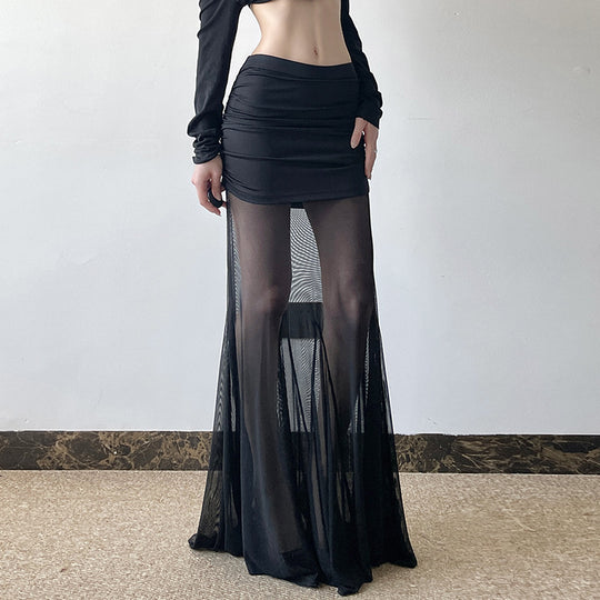 Damen Maxi-Rock mit transparentem Chiffon und gerafft Bund R&B