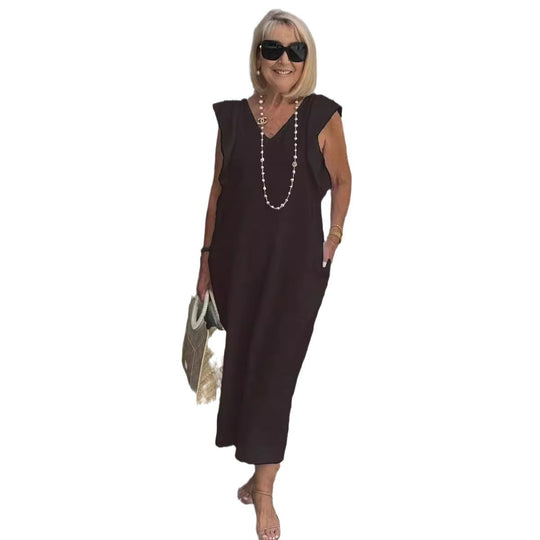 Damen Maxikleid mit V-Ausschnitt und angeschnittenem Ärmel R&B