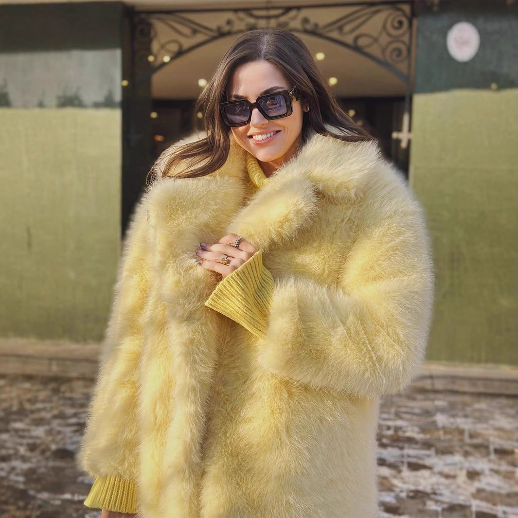 Damen luxuriöse Kunstfelljacke mit weichem Revers und großen Taschen