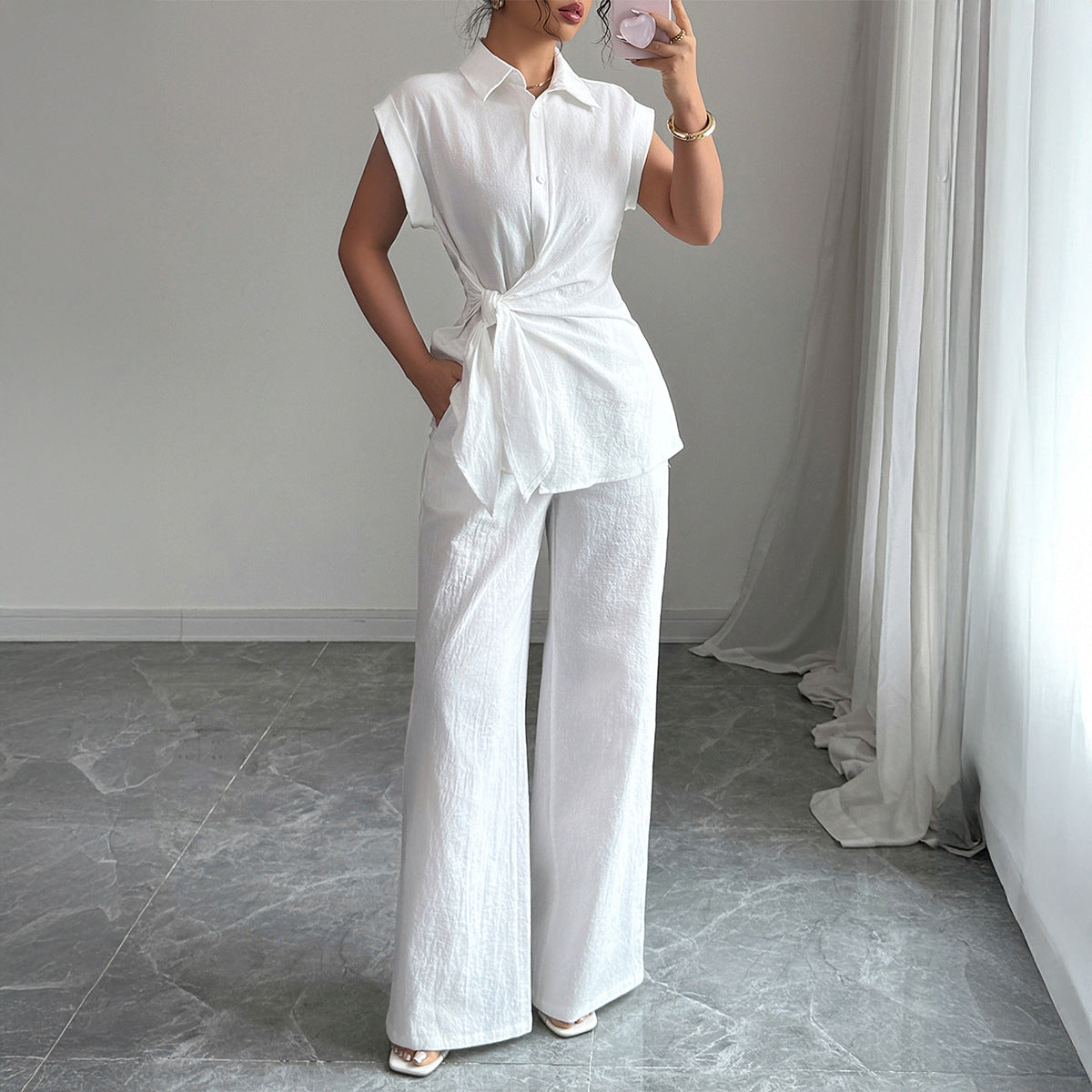 Damen elegantes Zweiteiliges Set mit taillierter Bluse und weit geschnittenen Hosen R&B