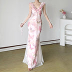 Damen Maxikleid aus transparentem Chiffon mit Rüschendetails und floralem Design R&B