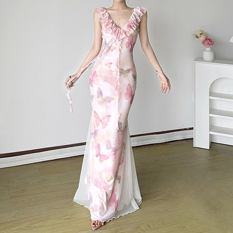 Damen Maxikleid aus transparentem Chiffon mit Rüschendetails und floralem Design R&B