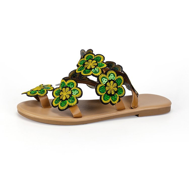 Damen elegante Zehensteg-Sandalen mit floralem Stickdesign und rutschfester Sohle R&B