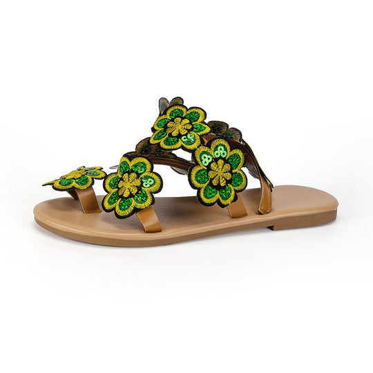 Damen elegante Zehensteg-Sandalen mit floralem Stickdesign und rutschfester Sohle R&B