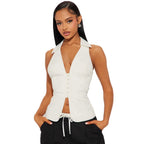 Damen elegant geschnittenes Wickeloberteil mit Knopfleiste und Kragen R&B