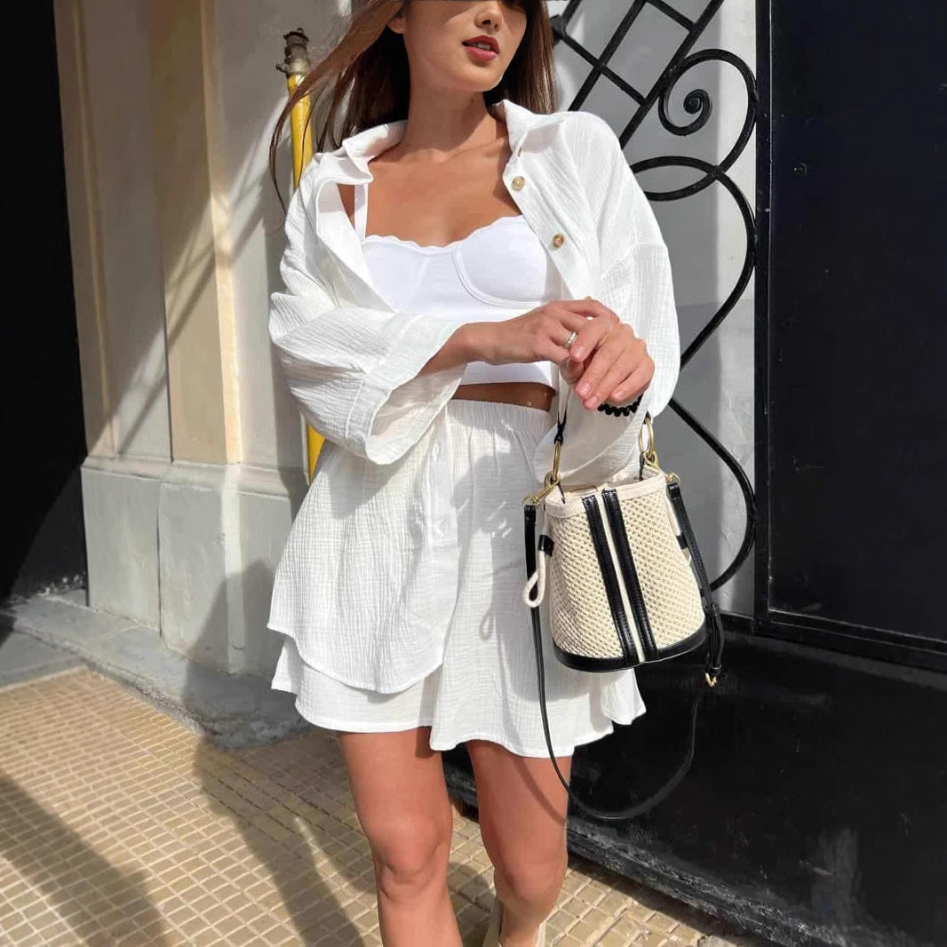 Damen Lässiges Zweiteiliges Set aus leichtem Baumwollmaterial mit oversized Hemd und Shorts R&B