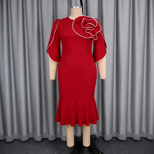 Damen figurbetontes Abendkleid mit Schößchen und voluminösem Rüschendesign R&B