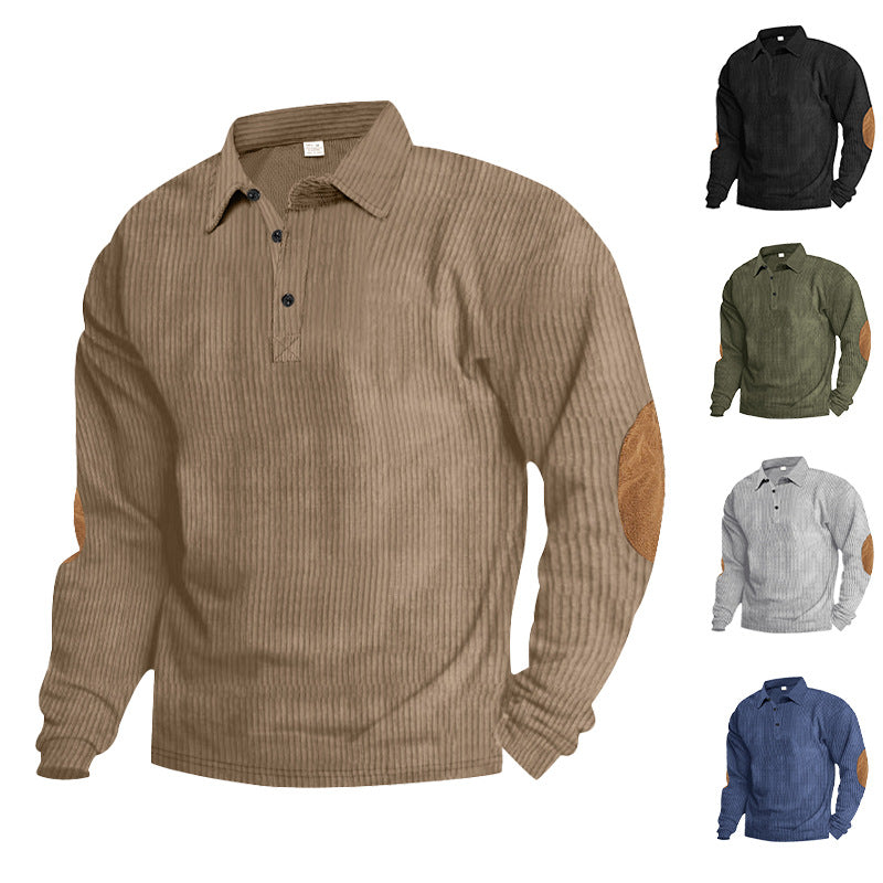 Herren lässiges Langarm-Henley-Shirt mit strukturiertem Rippenstoff und kontrastierenden Ellbogenpatches R&B