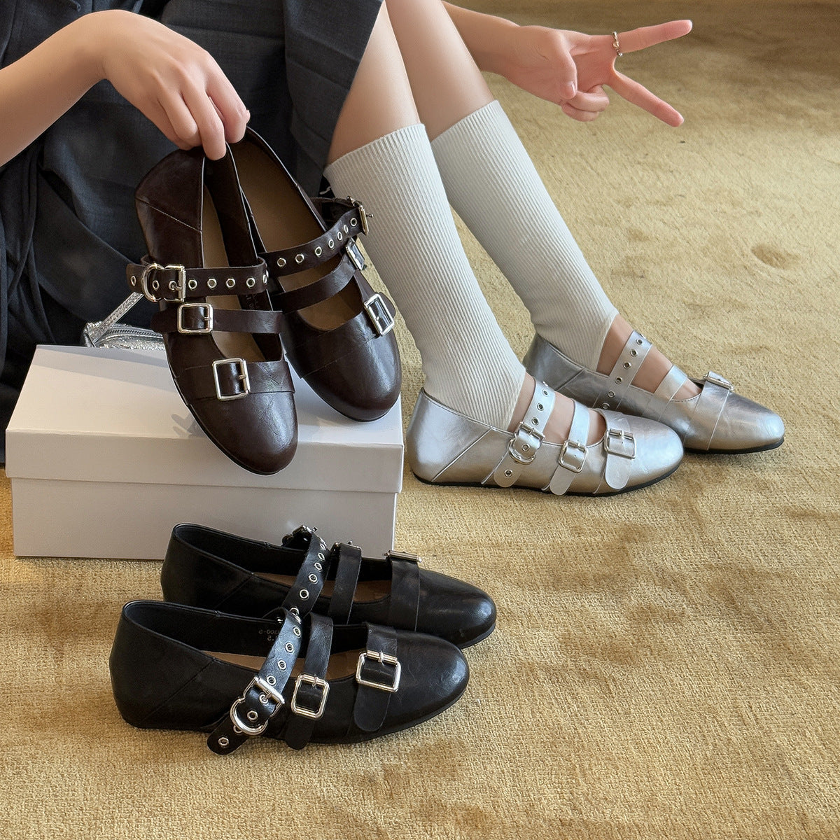 Damen Stilvolle Ballerinas mit doppeltem Riemen und modischen Schnallen