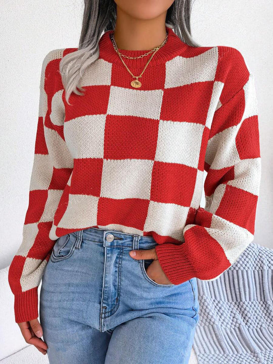Damen lässiger kariert Pullover mit weiten Ärmeln und Rundhalsausschnitt R&B