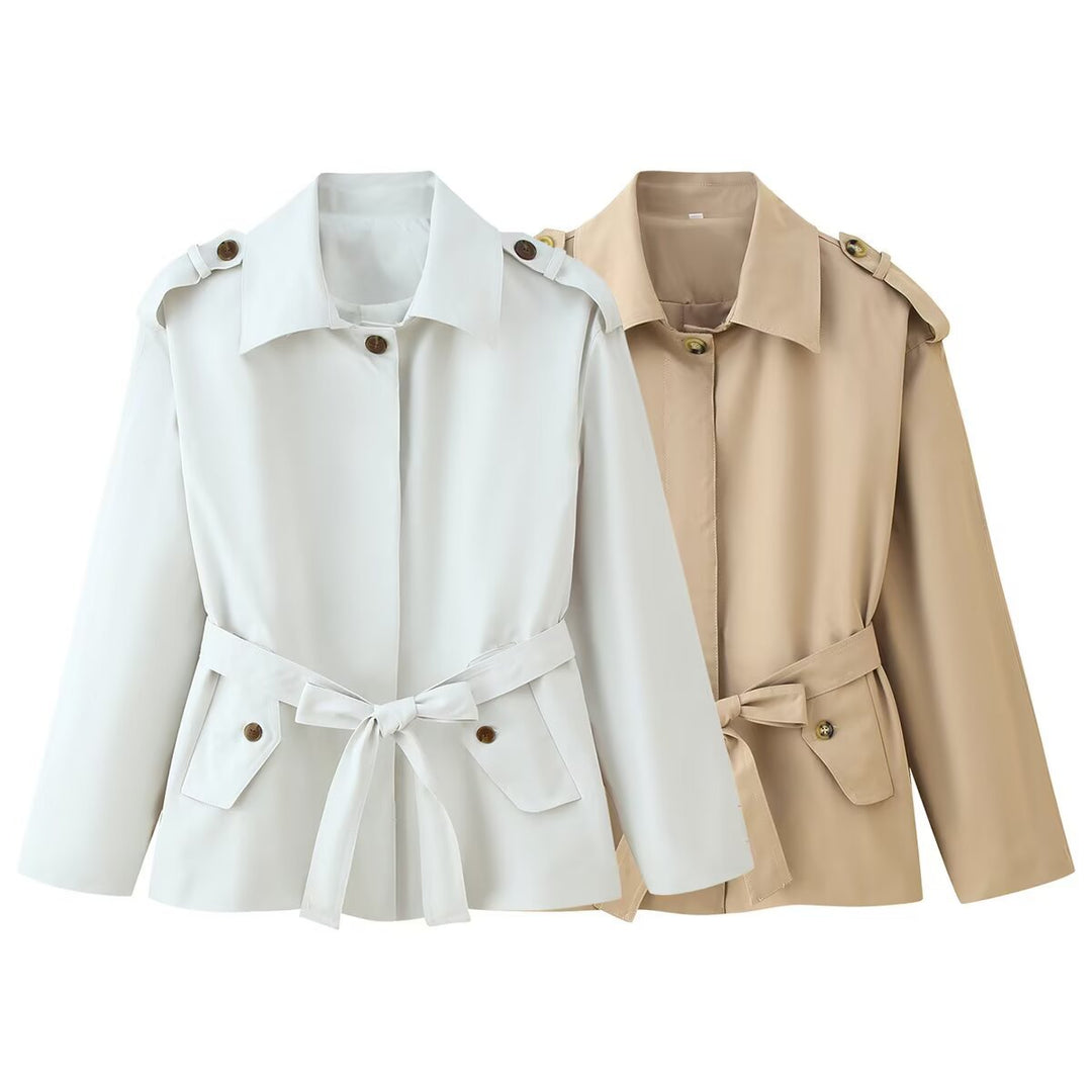 Damen modische Übergangsjacke mit Taillengürtel und funktionalen Knöpfen R&B