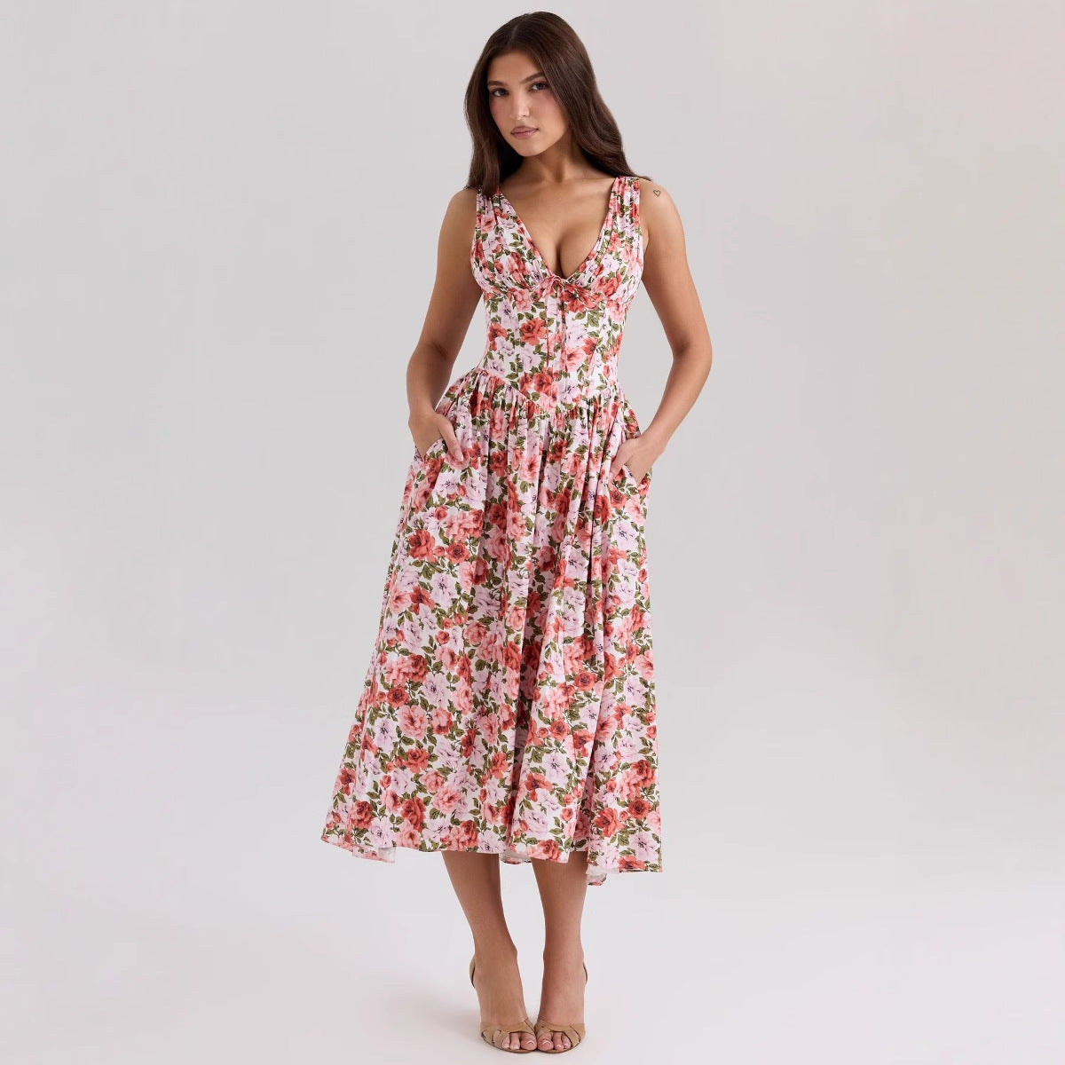 Damen Maxikleid mit floralem Design und praktischen Taschen R&B