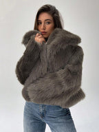 Damen Modischer Kunstpelz-Cropped-Jacke mit voluminösen Ärmeln R&B