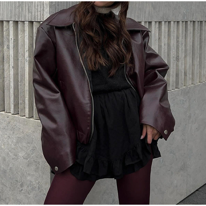 Damen modische Kunstlederjacke mit weitem Schnitt R&B