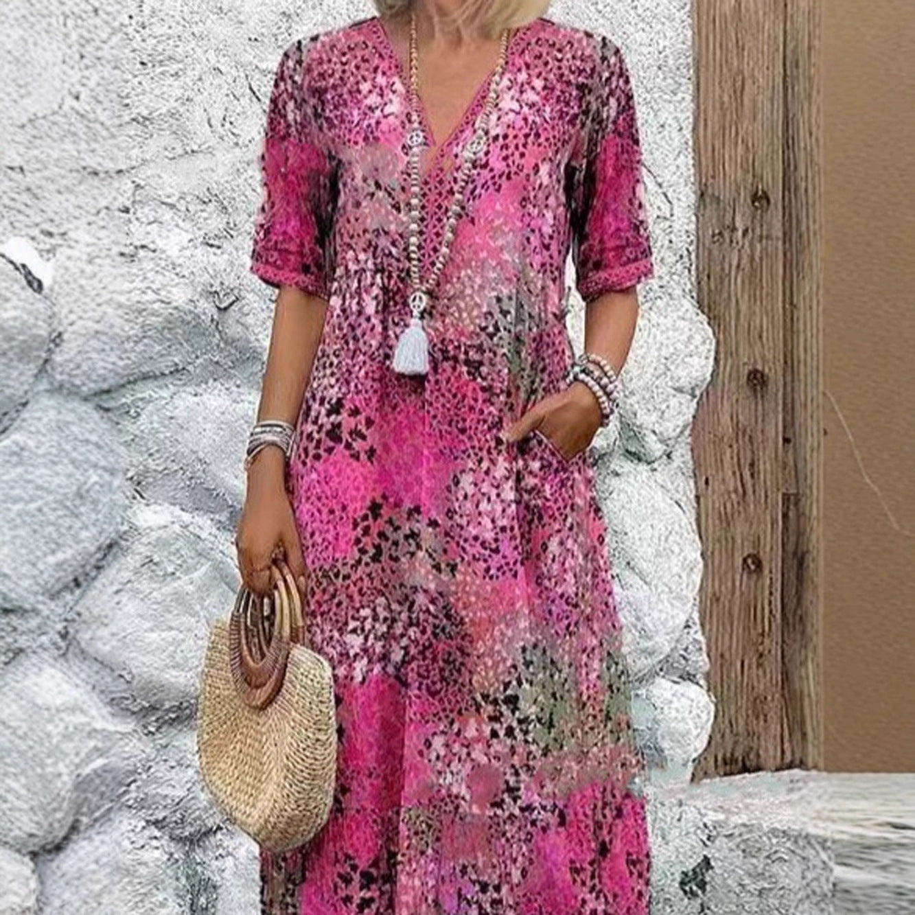 Damen Maxikleid mit V-Ausschnitt und praktischen Seitentaschen R&B