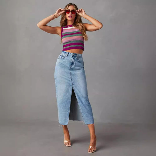 Damen Jeansrock im modernen Midi-Stil mit seitlichem Schlitz und hochgezogenem Saum R&B
