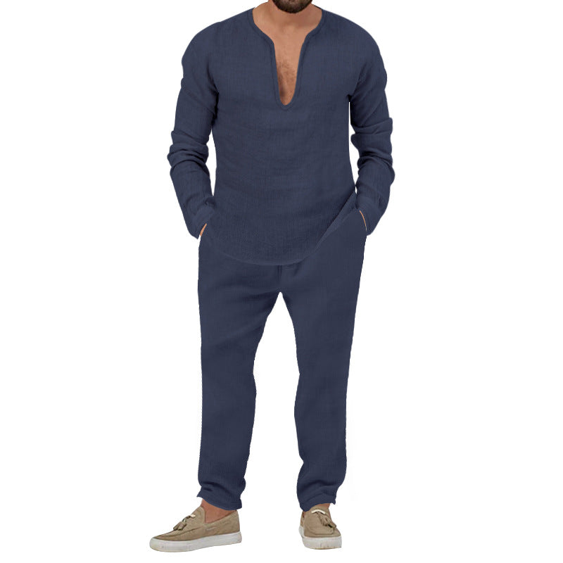 Herren lässiges Leinen-Outfit mit tiefem V-Ausschnitt und elastischem Bund R&B