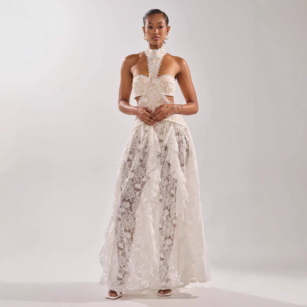 Damen elegante Spitzentraumkleid mit hochgeschlossenem Kragen und fließendem Rock R&B