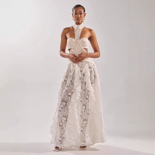 Damen elegante Spitzentraumkleid mit hochgeschlossenem Kragen und fließendem Rock R&B