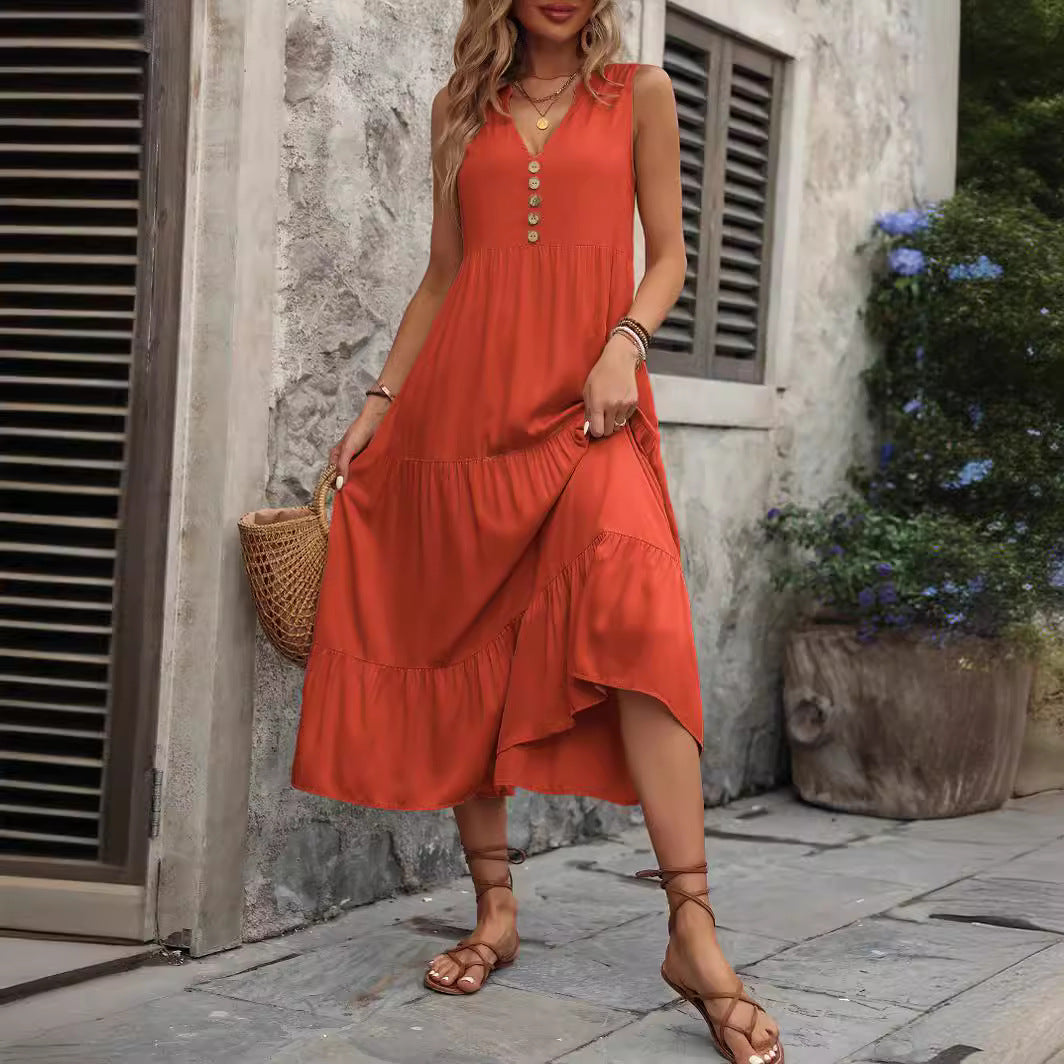 Damen Midikleid mit V-Ausschnitt und dekorativen Knöpfen R&B
