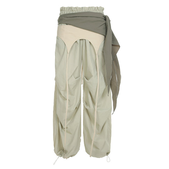 Damen modische High-Waist-Hose mit asymmetrischem Design und seitlichem Bindegurt R&B