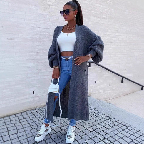 Damen Langer Strickmantel mit oversized Ärmeln und praktischen Taschen R&B