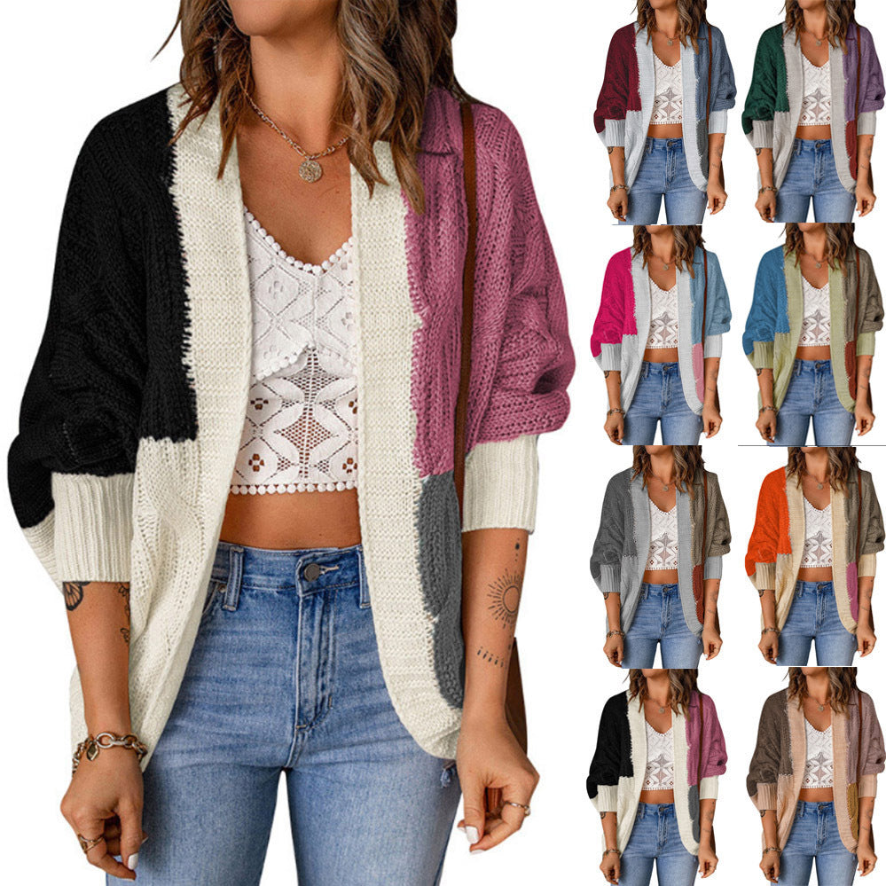 Damen Lockere Strickjacke mit modischem Farbblockdesign und tiefen Taschen R&B