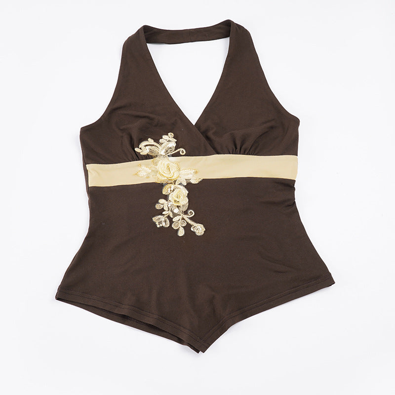 Damen eleganter Halter-Badeanzug mit luxuriösen Stickereien R&B