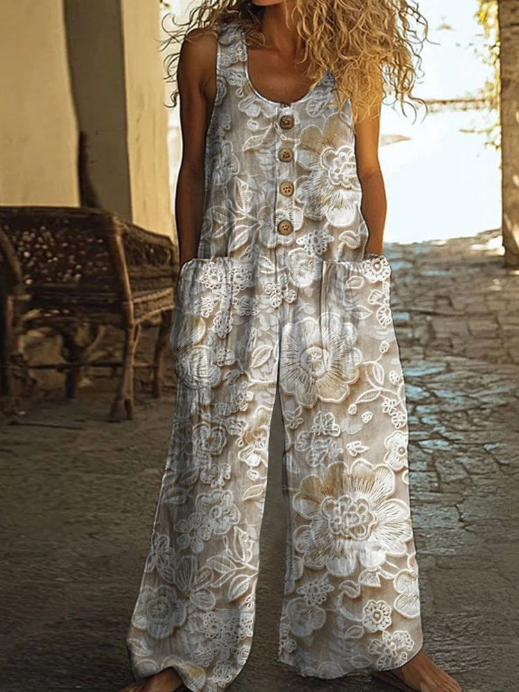 Damen Lässiger Patchwork-Jumpsuit mit Knopfdetails R&B