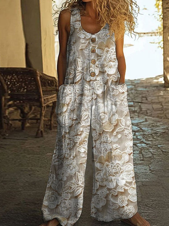 Damen Lässiger Patchwork-Jumpsuit mit Knopfdetails R&B