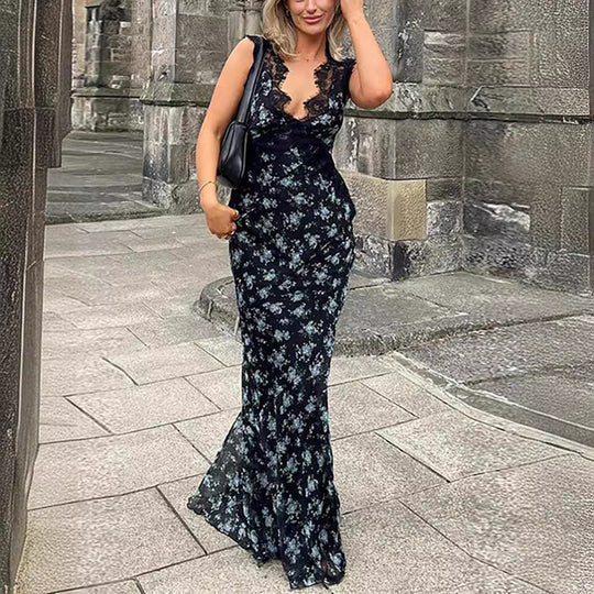 Damen Maxikleid mit floralen Spitzenakzenten R&B