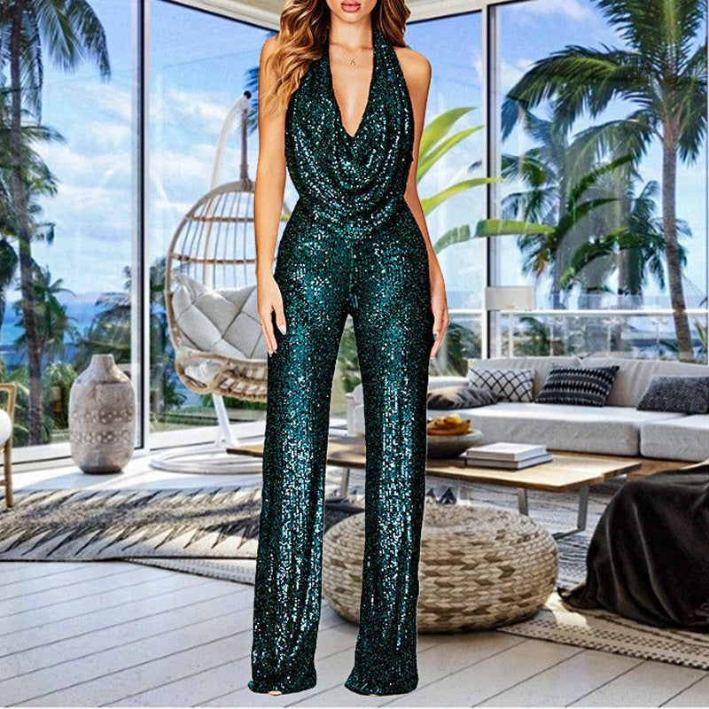 Damen Glitzerndes Jumpsuit mit tiefem V-Ausschnitt und weitem Bein R&B