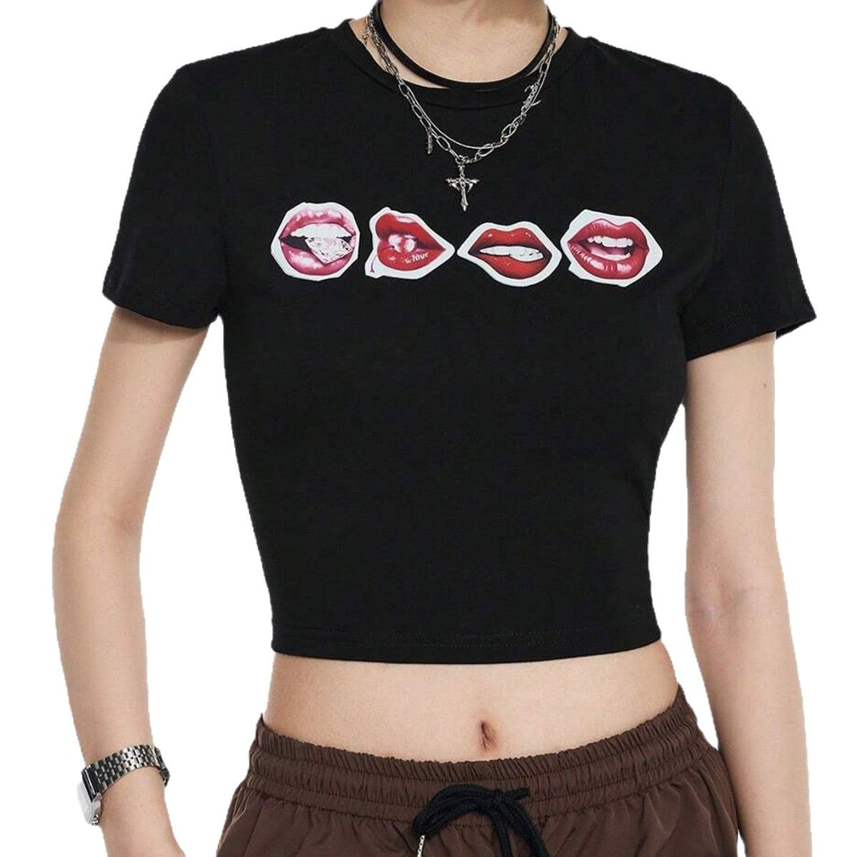 Damen Crop-T-Shirt mit kreativem Lippenmotiv und figurbetontem Schnitt R&B
