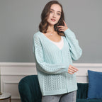 Damen Strickcardigan mit luftiger Lochmusterung und V-Ausschnitt