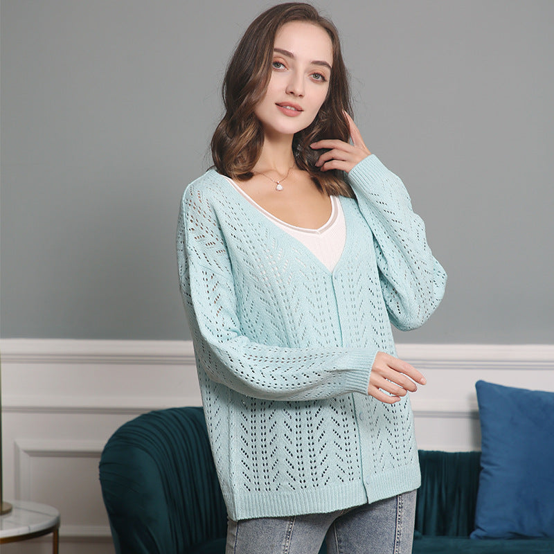 Damen Strickcardigan mit luftiger Lochmusterung und V-Ausschnitt