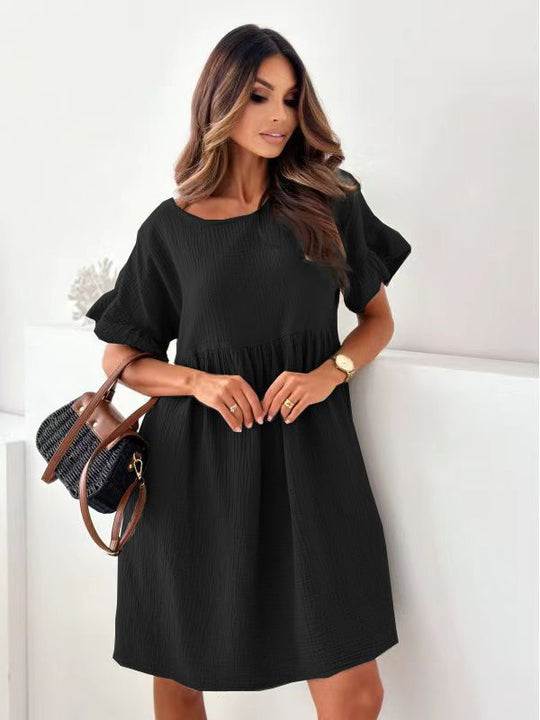 Damen lässiges Sommerkleid mit elastischem Taillenzug und kurzen Ärmeln R&B