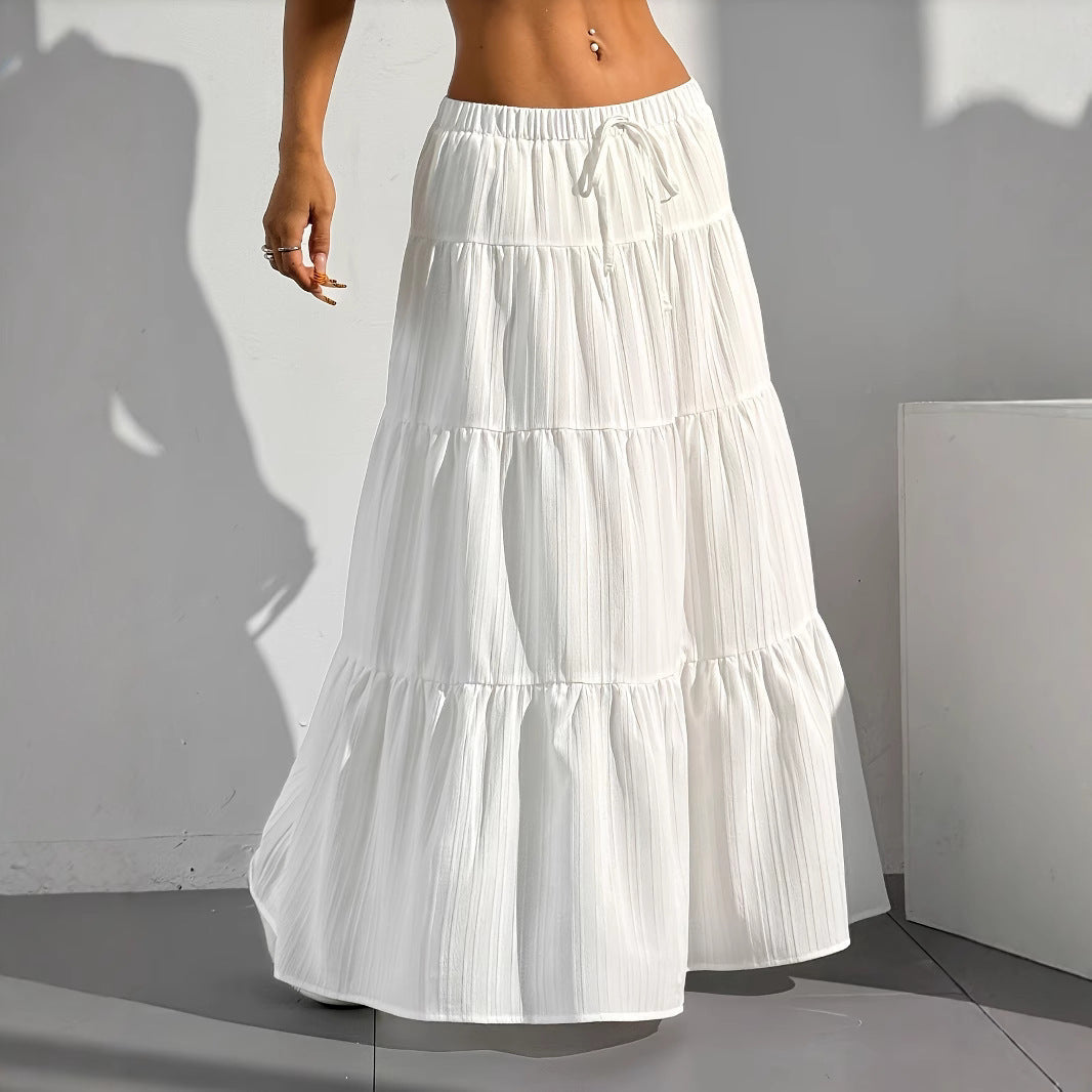 Damen Langer Faltenrock mit Taillenkordel und gestuftem Design R&B