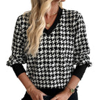 Damen nan V-Ausschnitt Strickpullover mit Hahnentrittmuster und gerippten Bündchen R&B