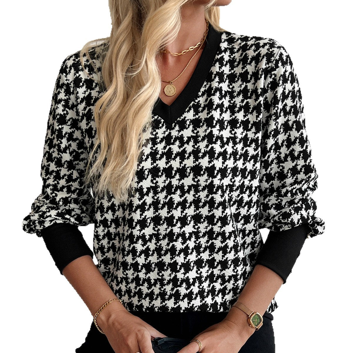 Damen nan V-Ausschnitt Strickpullover mit Hahnentrittmuster und gerippten Bündchen R&B