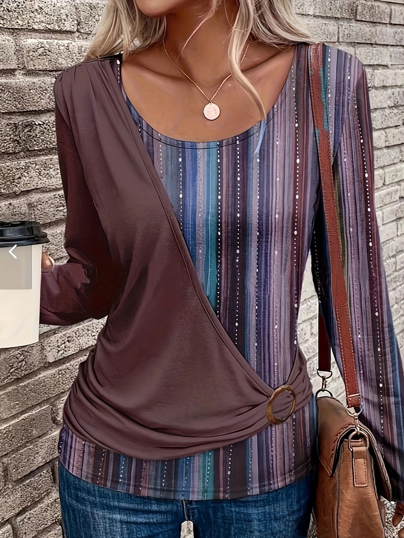 Damen Wickeloberteil mit modischem Ringdetail und attraktiven Streifen R&B